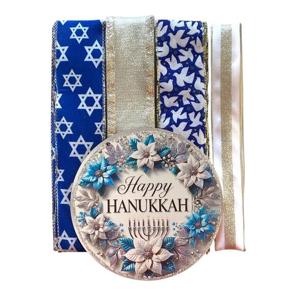 Hanukkah Wreath Kit | Happy Hanukkah Sign + Wired Ribbons | DIY Holiday Decor - Picture 1 of 6